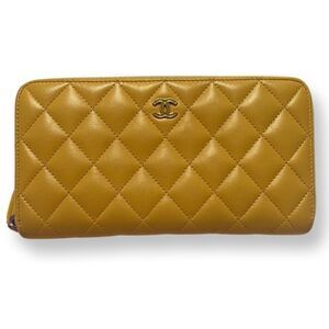 Chanel Yellow Lambskin Quilted Long Zip Around Wallet